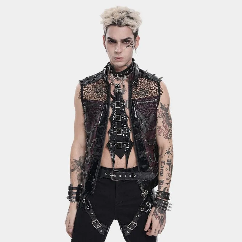 Punk-Weste für Herren mit Nieten, Ketten und Mesh-Patchwork
