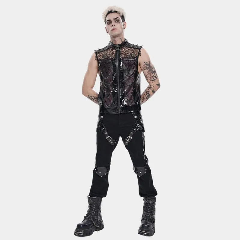 Punk-Weste für Herren mit Nieten, Ketten und Mesh-Patchwork