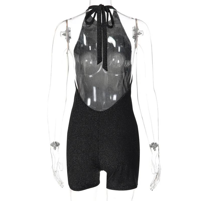 Halter self tie backless crewneck romper
