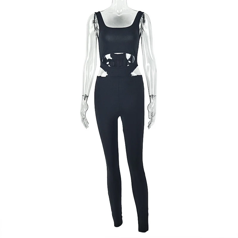 Hollow out square neck backless tank jumpsuit