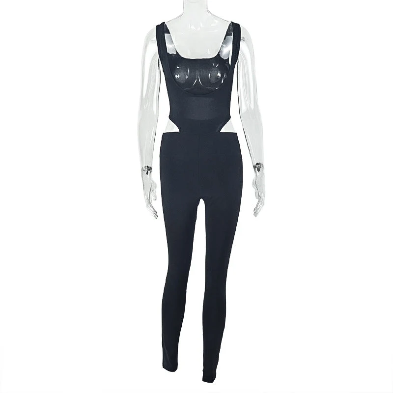Hollow out square neck backless tank jumpsuit