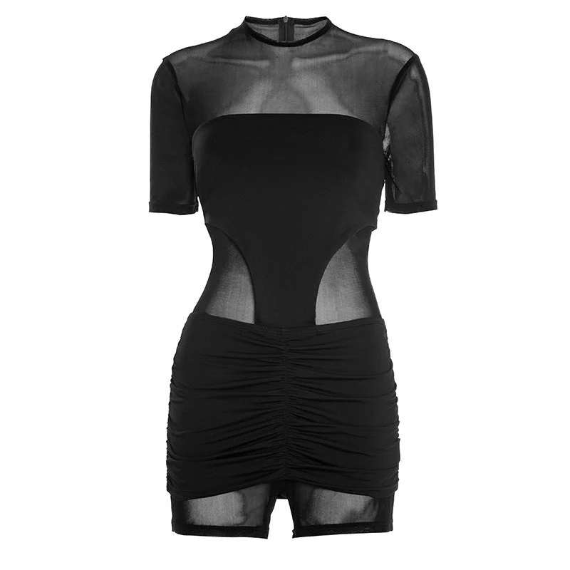 Mesh ruched short sleeve zip-up romper