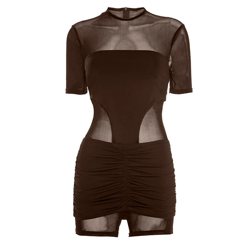 Mesh ruched short sleeve zip-up romper