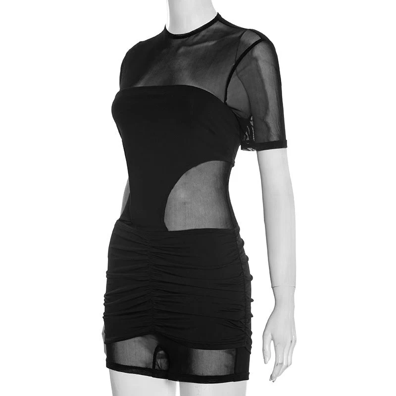 Mesh ruched short sleeve zip-up romper