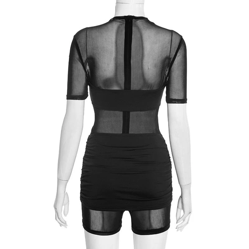 Mesh ruched short sleeve zip-up romper