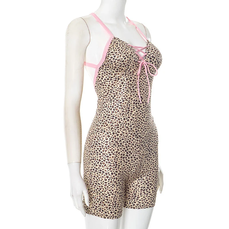 Leopard print cross back self tie backless romper