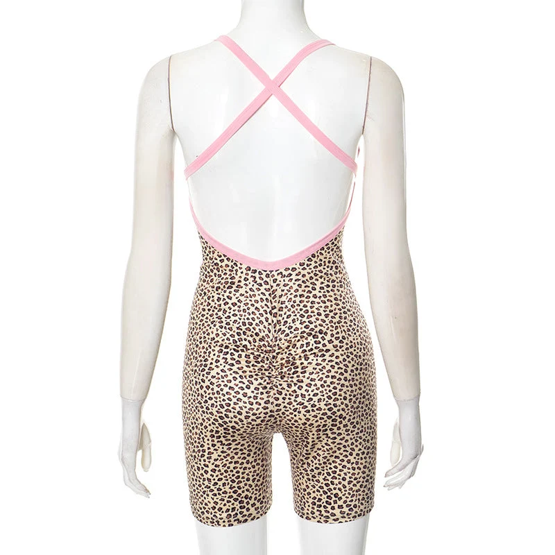 Leopard print cross back self tie backless romper