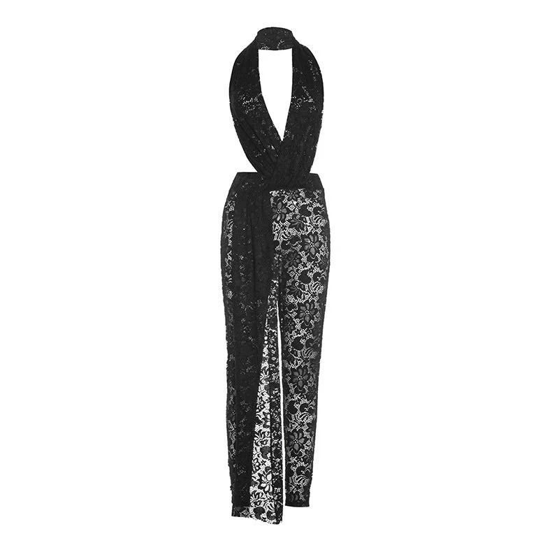 Lace see through halter V neck jumpsuit