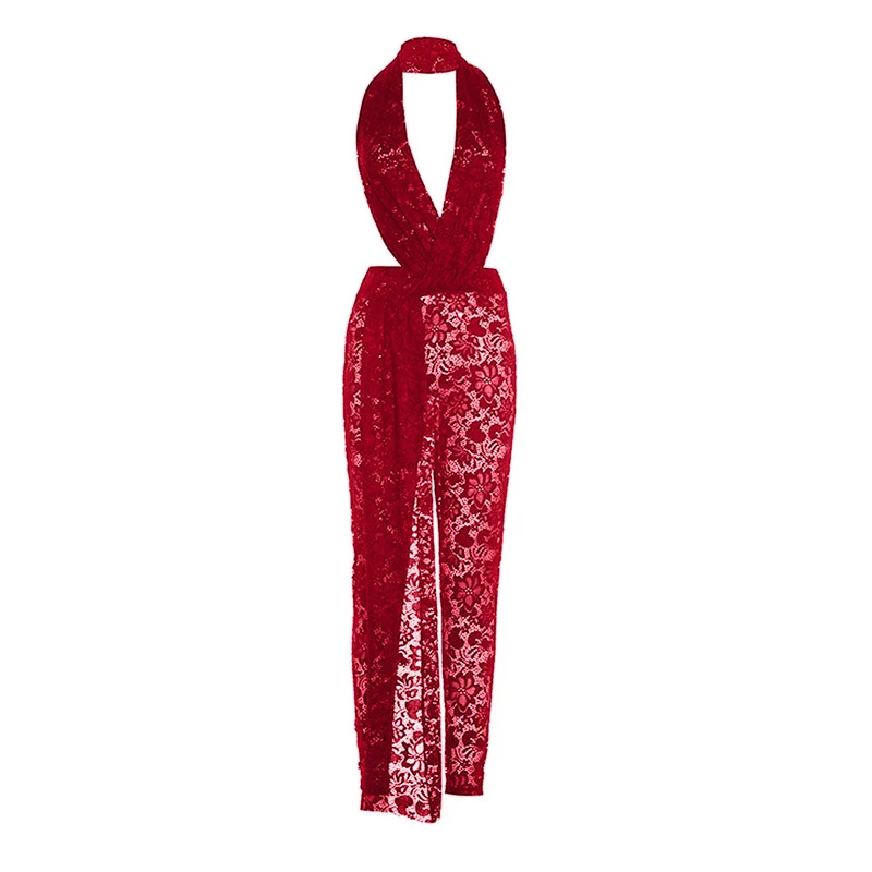 Lace see through halter V neck jumpsuit