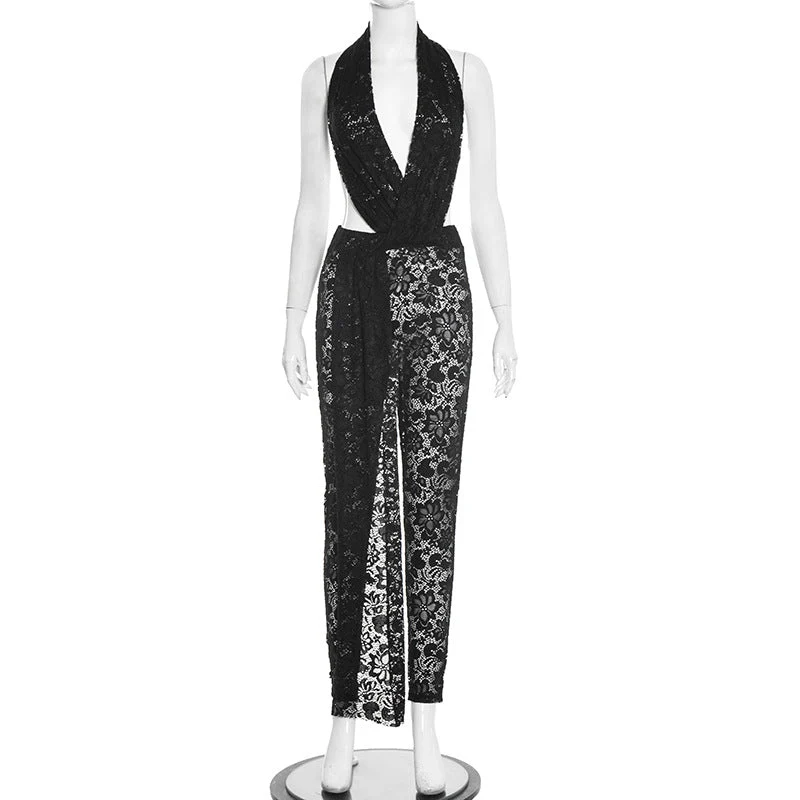 Lace see through halter V neck jumpsuit