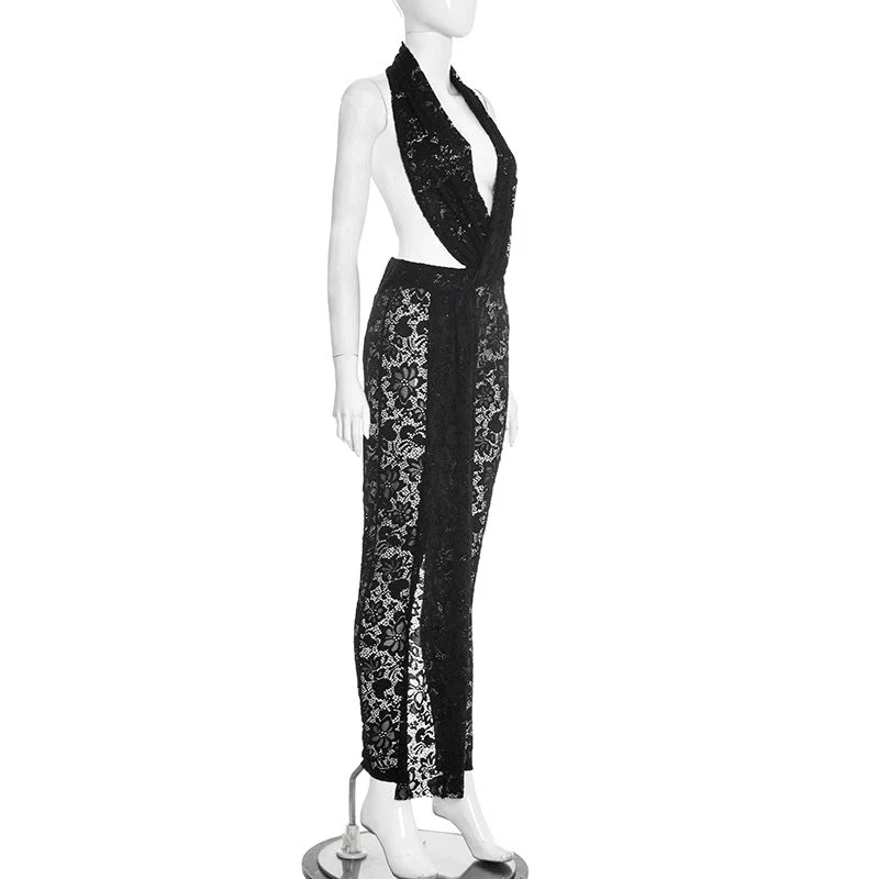 Lace see through halter V neck jumpsuit