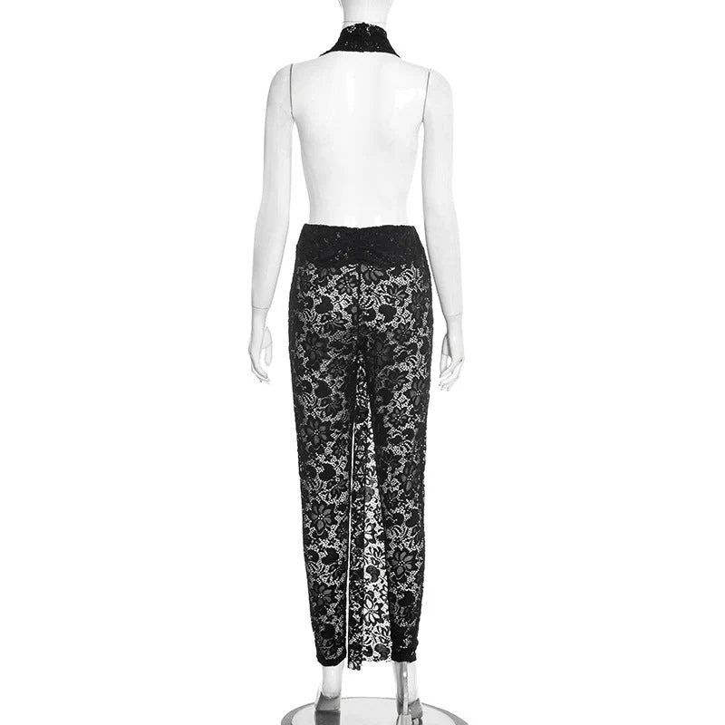 Lace see through halter V neck jumpsuit