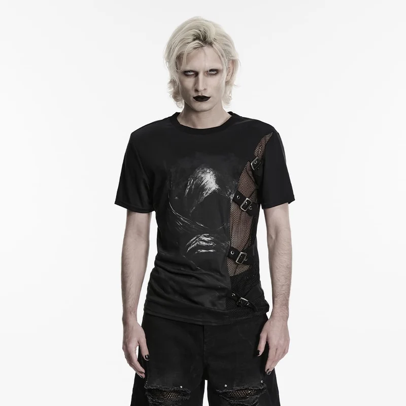 Herren-Punkhemd mit asymmetrischen Schnallenriemen und Print