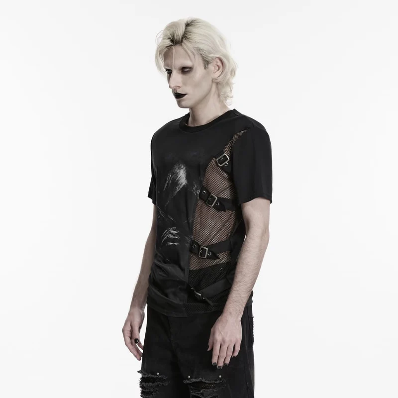 Herren-Punkhemd mit asymmetrischen Schnallenriemen und Print