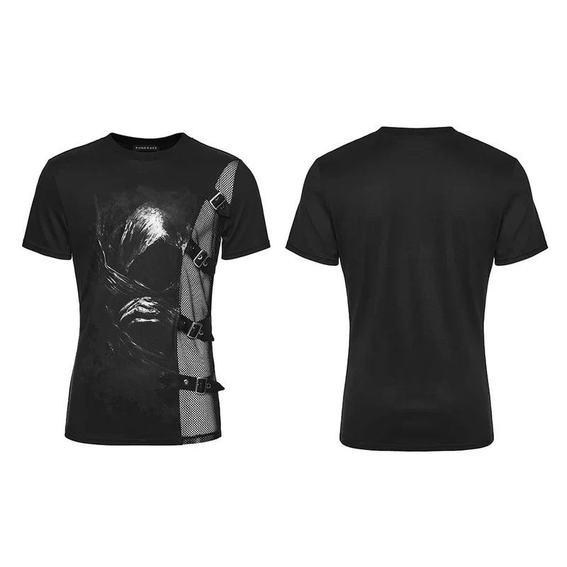 Herren-Punkhemd mit asymmetrischen Schnallenriemen und Print