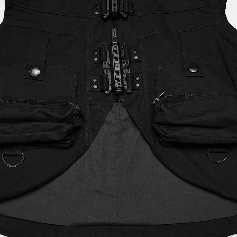 Punk-Weste für Herren mit aufgesetzten Taschen, verstellbarem Kragen, schwarz