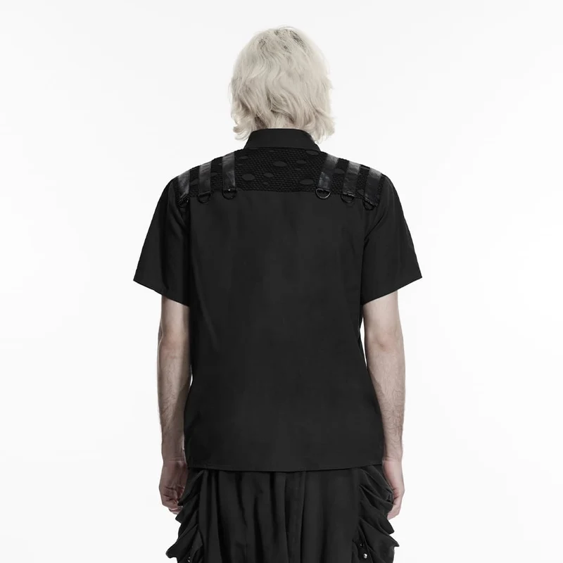 Herren Punk-Hemd mit Ösen und D-Ringen, kurzärmelig, schwarz