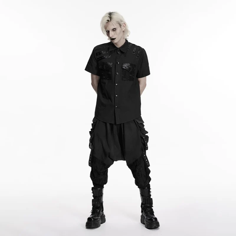 Herren Punk-Hemd mit Ösen und D-Ringen, kurzärmelig, schwarz