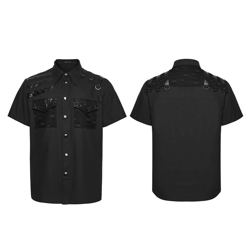 Herren Punk-Hemd mit Ösen und D-Ringen, kurzärmelig, schwarz
