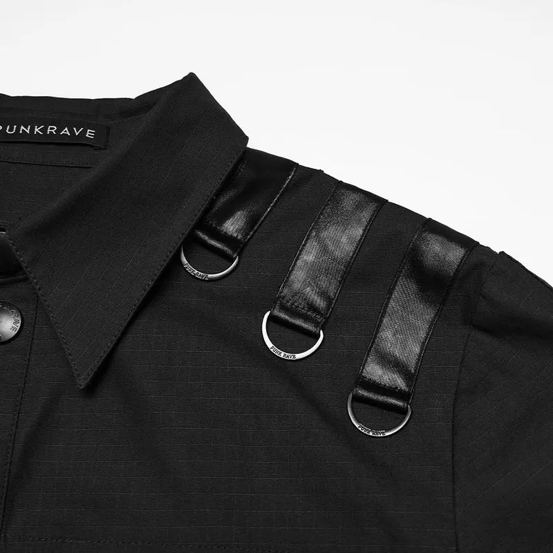 Herren Punk-Hemd mit Ösen und D-Ringen, kurzärmelig, schwarz