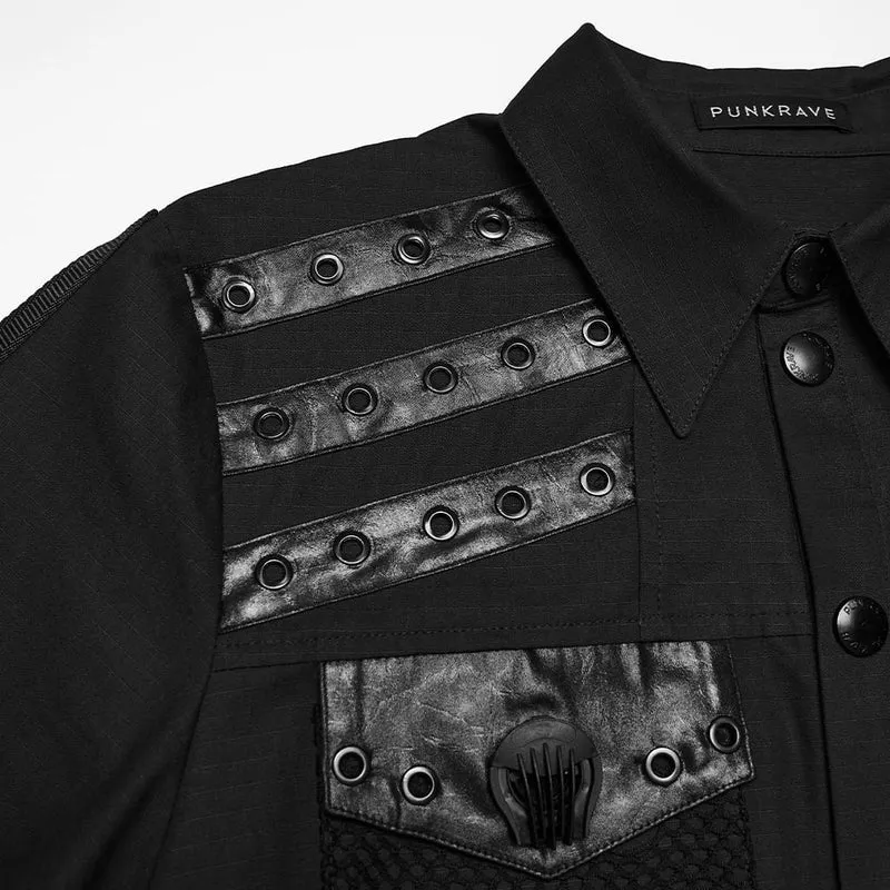 Herren Punk-Hemd mit Ösen und D-Ringen, kurzärmelig, schwarz