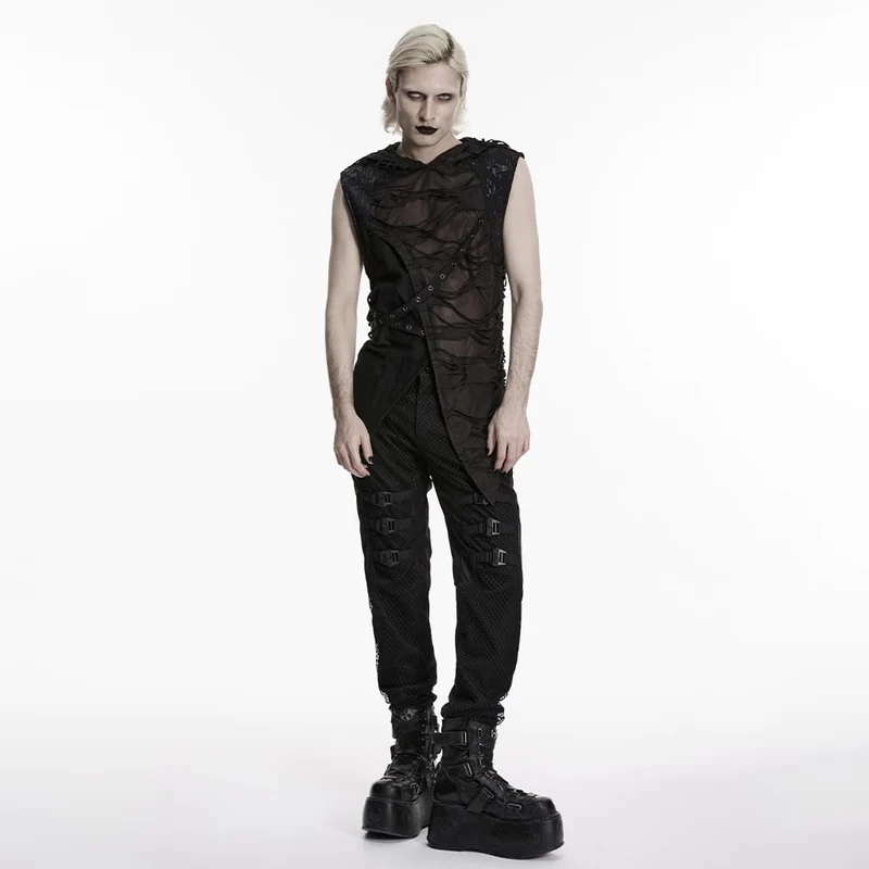 Schwarzes Punk-Tanktop mit Ösenriemen und Kapuze für Herren