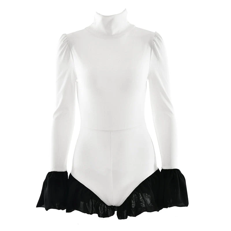 High neck long flared sleeve zip-up contrast romper