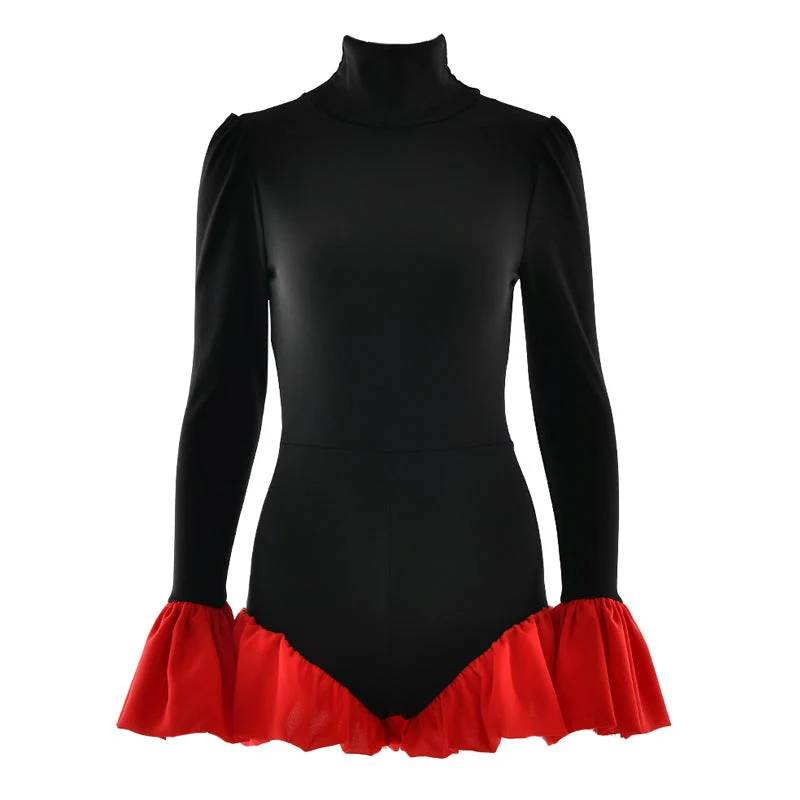 High neck long flared sleeve zip-up contrast romper