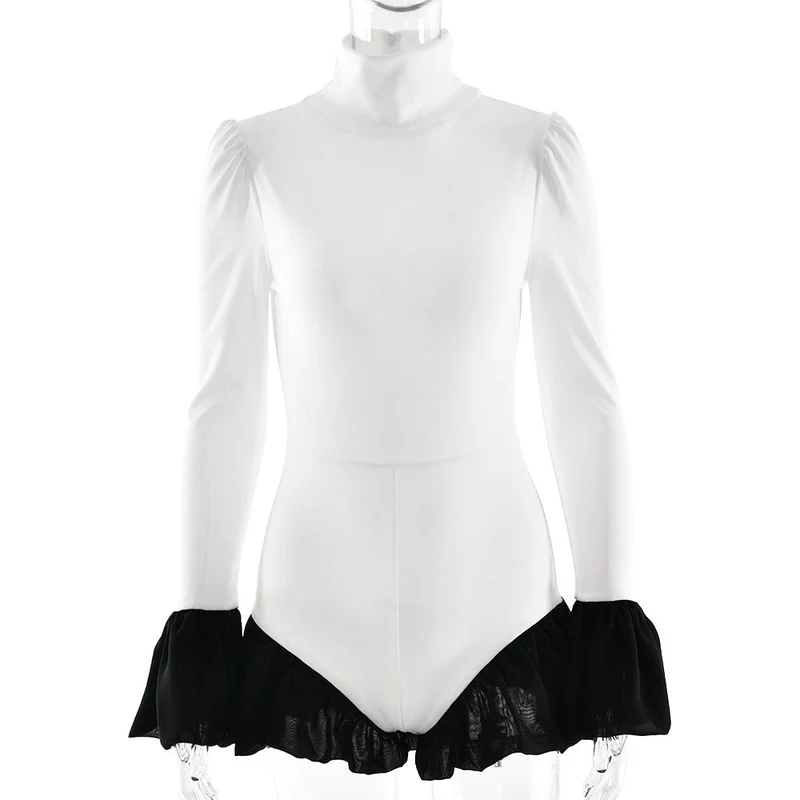 High neck long flared sleeve zip-up contrast romper