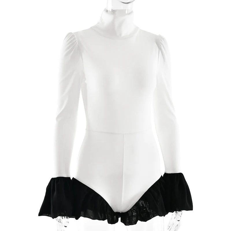 High neck long flared sleeve zip-up contrast romper