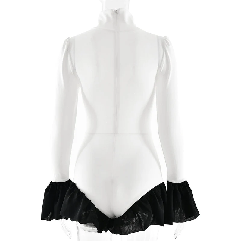 High neck long flared sleeve zip-up contrast romper
