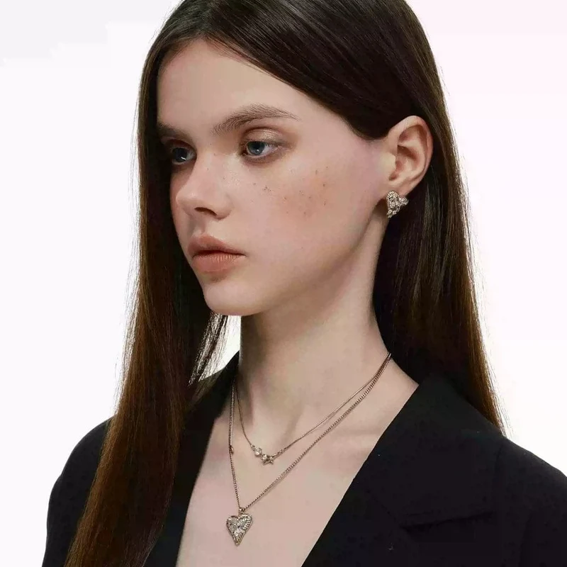 Grunge-Doppellagen-Herzkette für Damen mit Diamanten