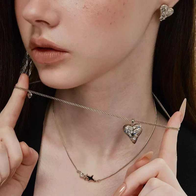 Grunge-Doppellagen-Herzkette für Damen mit Diamanten