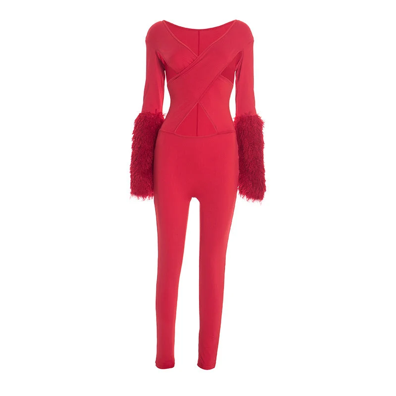 Cut out long sleeve v neck jumpsuit