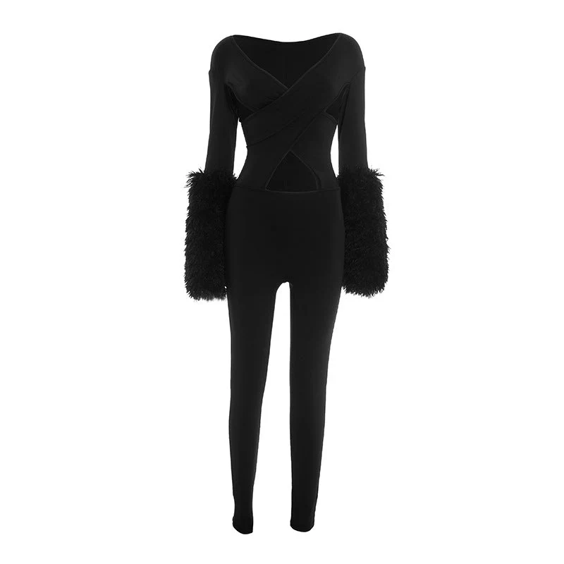 Cut out long sleeve v neck jumpsuit