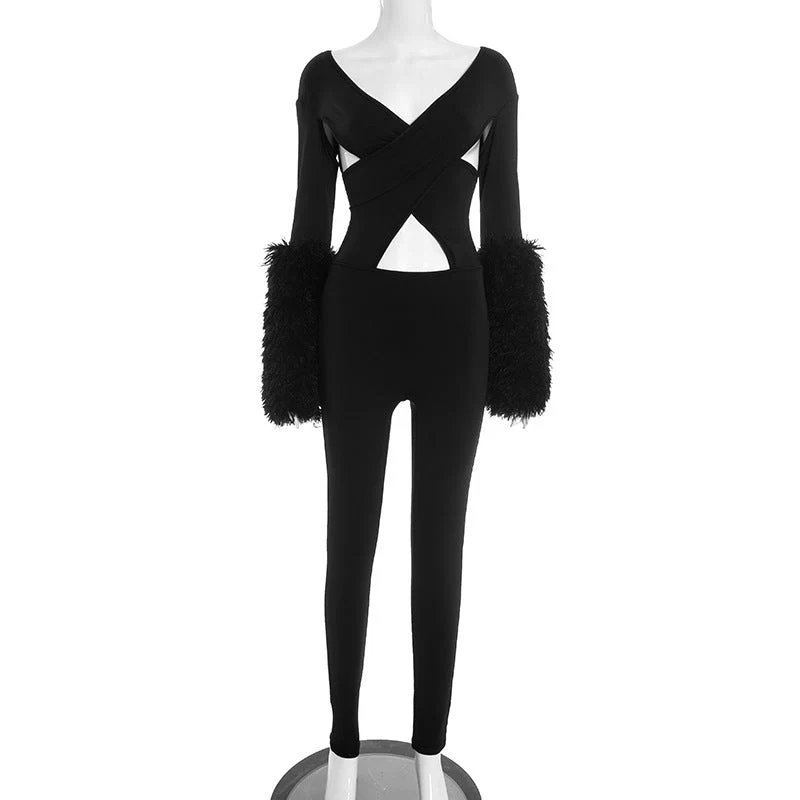 Cut out long sleeve v neck jumpsuit