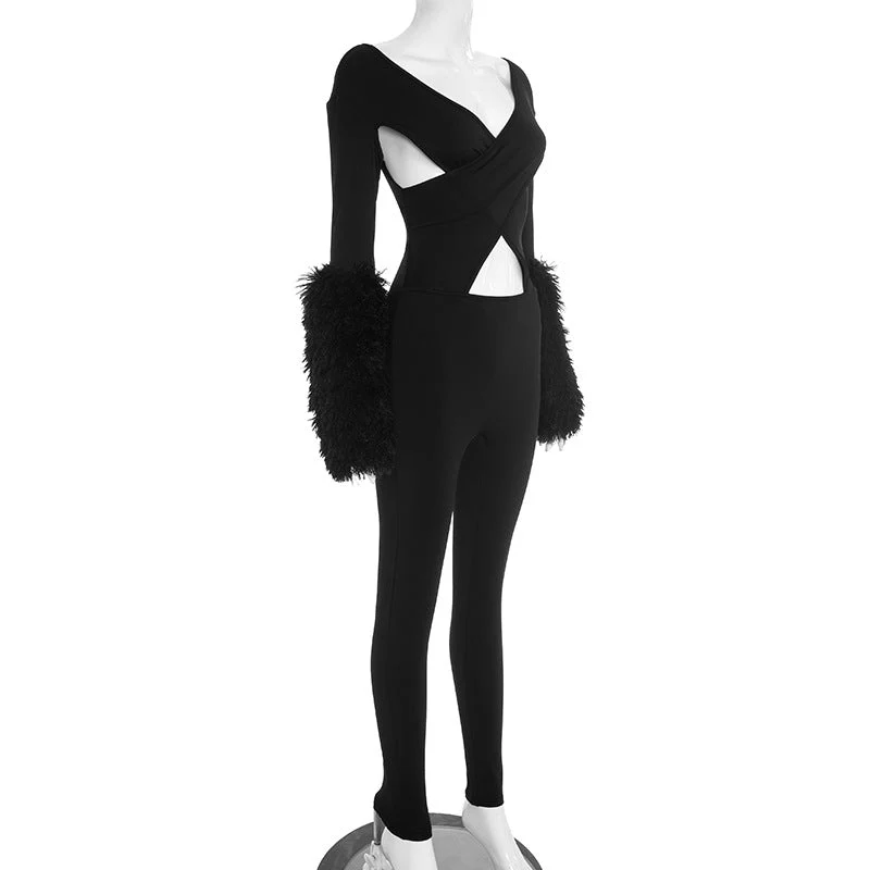 Cut out long sleeve v neck jumpsuit