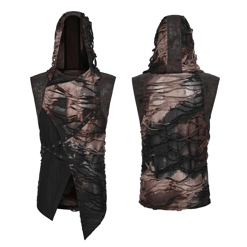 Punk-Tanktop für Herren mit Ösenriemen, zerrissenem Look und Kapuze, Schwarz-Kaffee