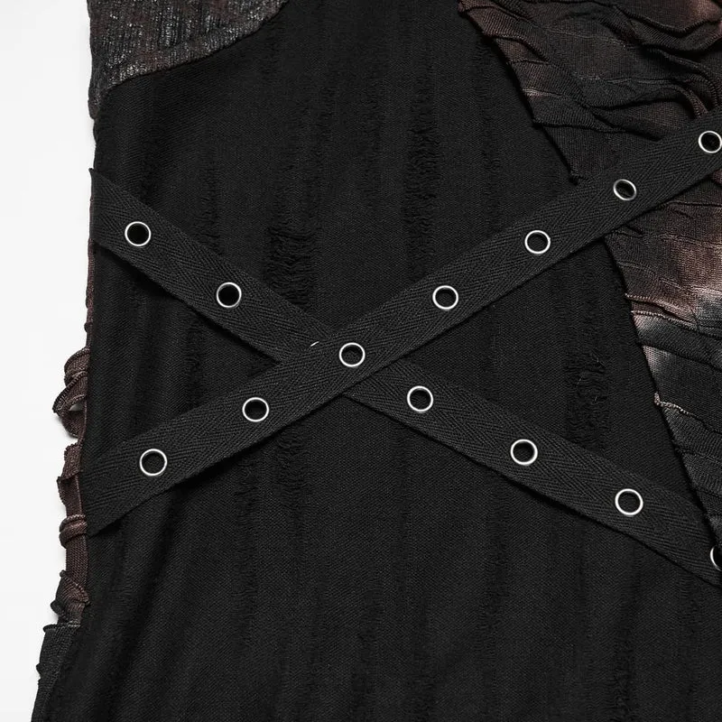 Punk-Tanktop für Herren mit Ösenriemen, zerrissenem Look und Kapuze, Schwarz-Kaffee
