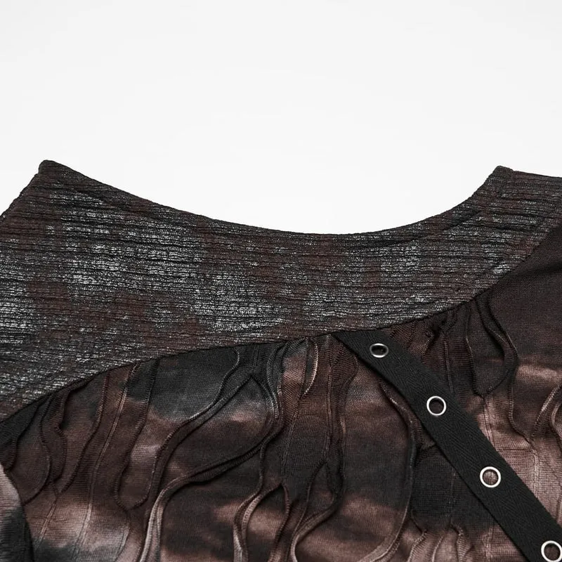Punk-Tanktop für Herren mit Ösenriemen, zerrissenem Look und Kapuze, Schwarz-Kaffee