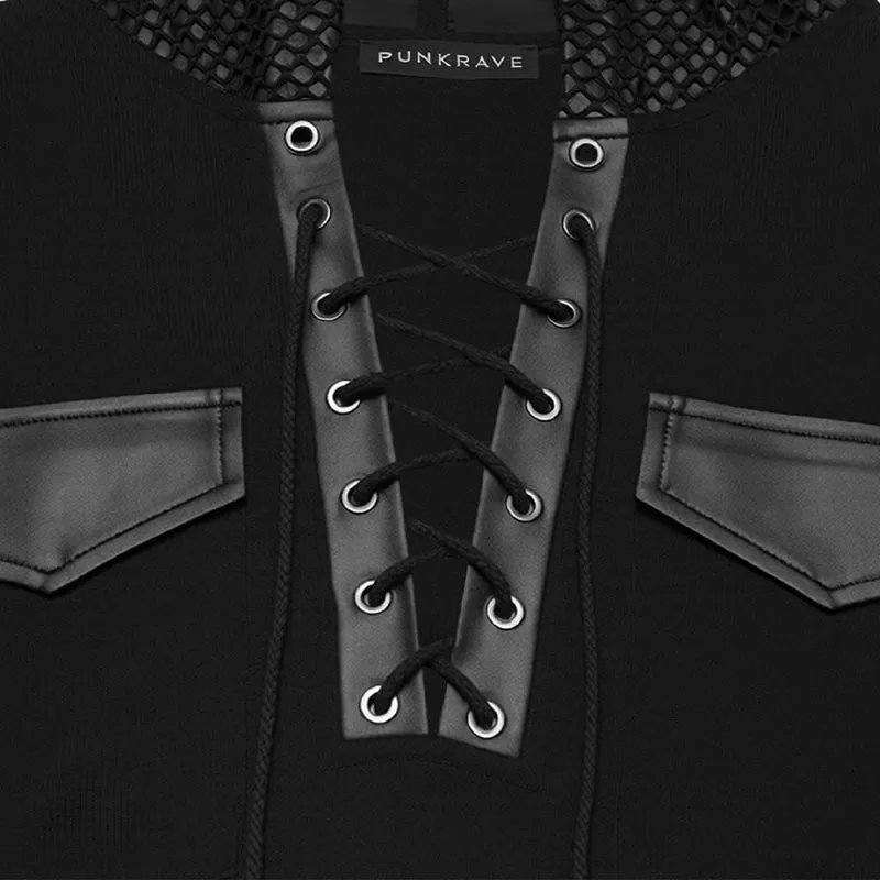 Schwarzes Punk-Tanktop für Herren mit Schnürung und Patchwork-Muster, Kapuze