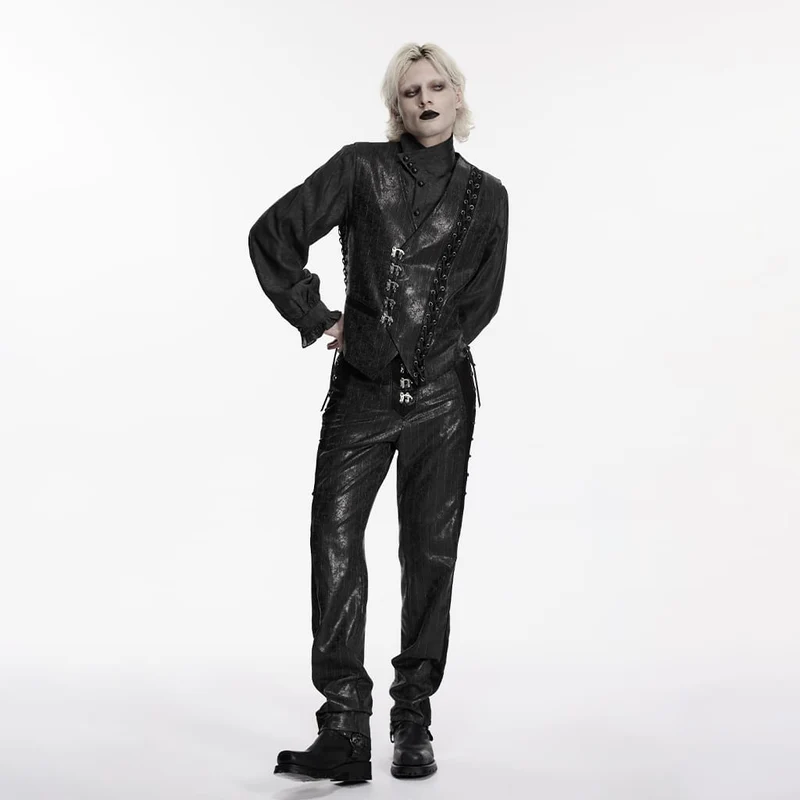 Herren-Steampunk-Weste mit asymmetrischem Verschluss, Schnallenverschluss und Nadelstreifenmuster, Schwarz