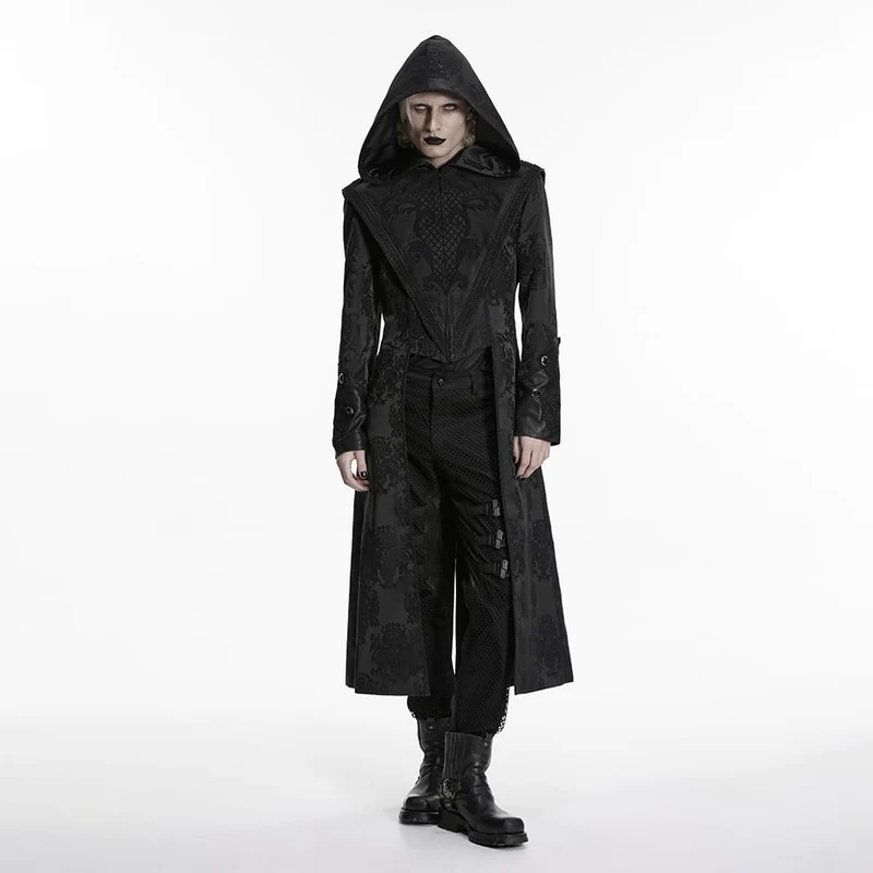 Schwarzer Punk-Kapuzenmantel für Herren mit Jacquard-Stickerei