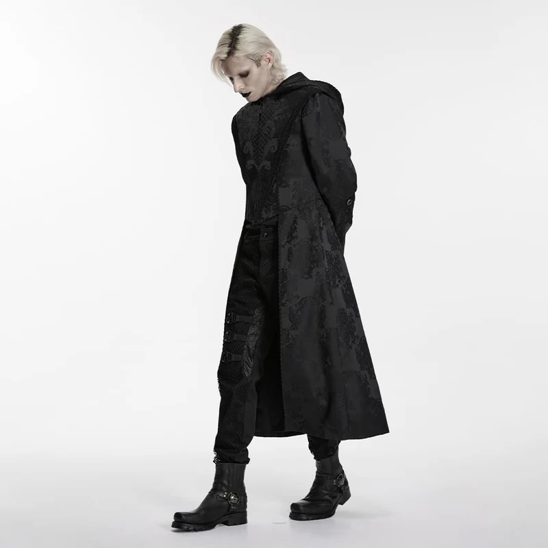 Schwarzer Punk-Kapuzenmantel für Herren mit Jacquard-Stickerei