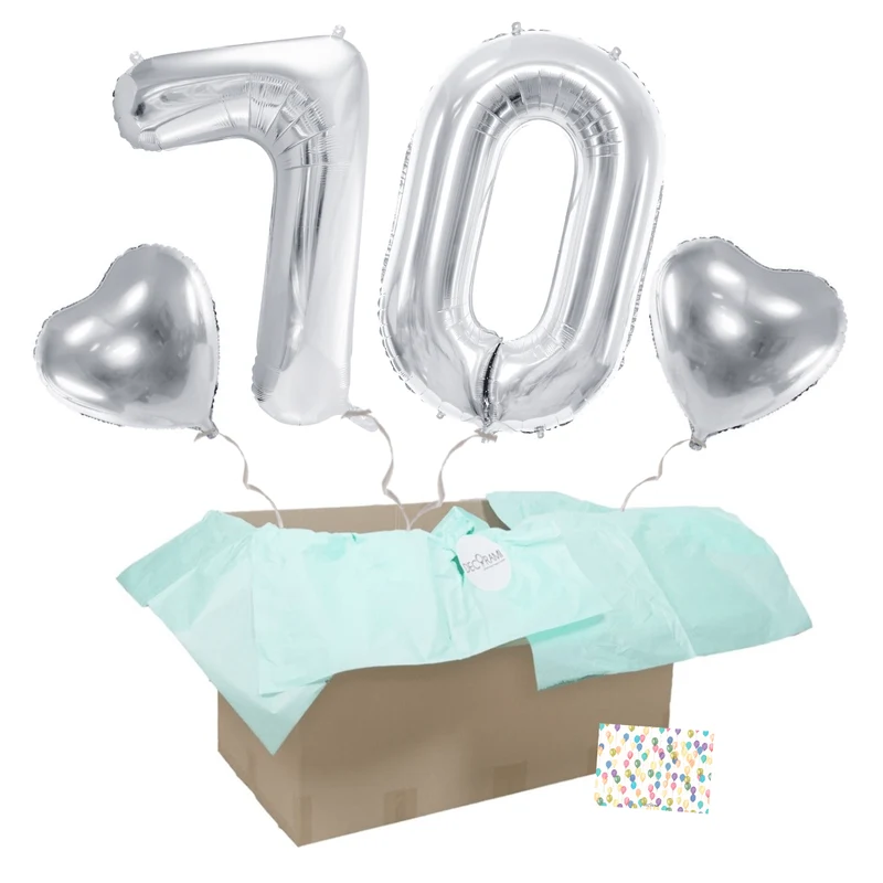 Heliumballon-Geschenk 70. Geburtstag Set Deluxe Silber