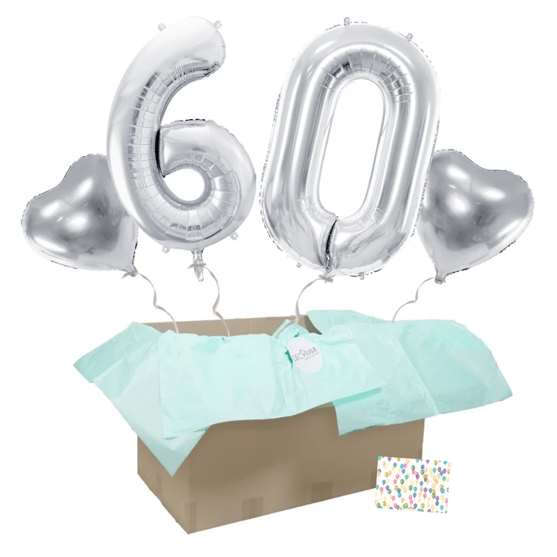 Heliumballon-Geschenk 60. Geburtstag Set Deluxe Silber