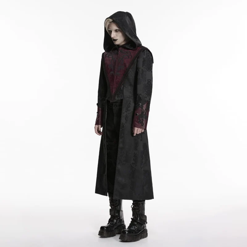 Herren-Kapuzenmantel im Punk-Stil mit Jacquard-Stickerei, schwarz-rot