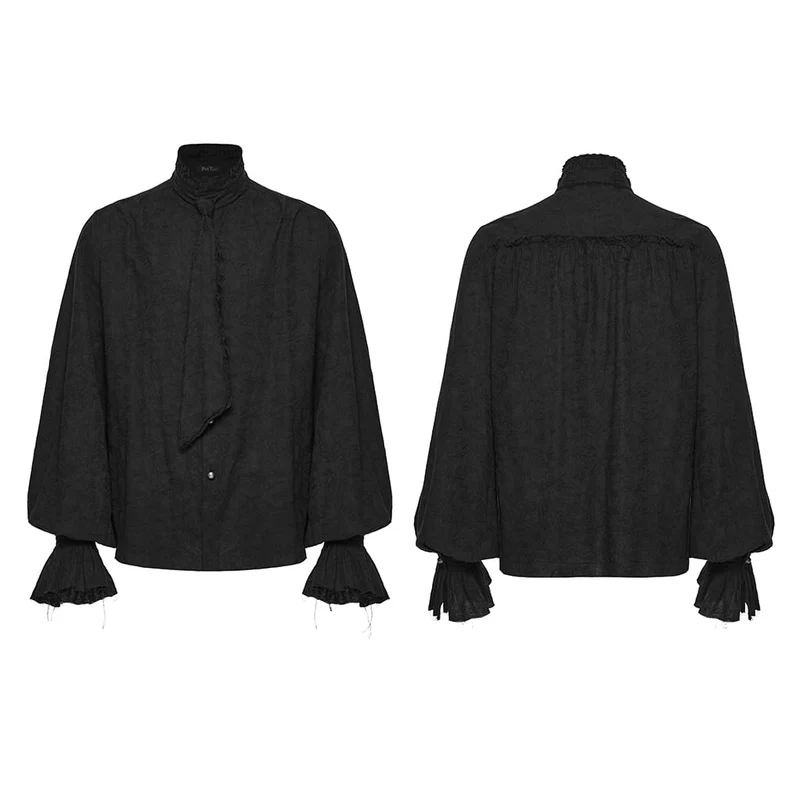 Schwarzes Herrenhemd aus gotischem Jacquard-Stoff mit Bischofsärmeln und abnehmbarer Krawatte