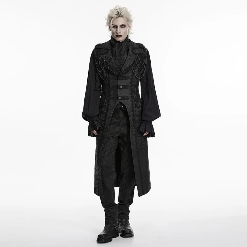 Schwarze lange Herrenweste aus Gothic-Jacquard mit Kettenrevers