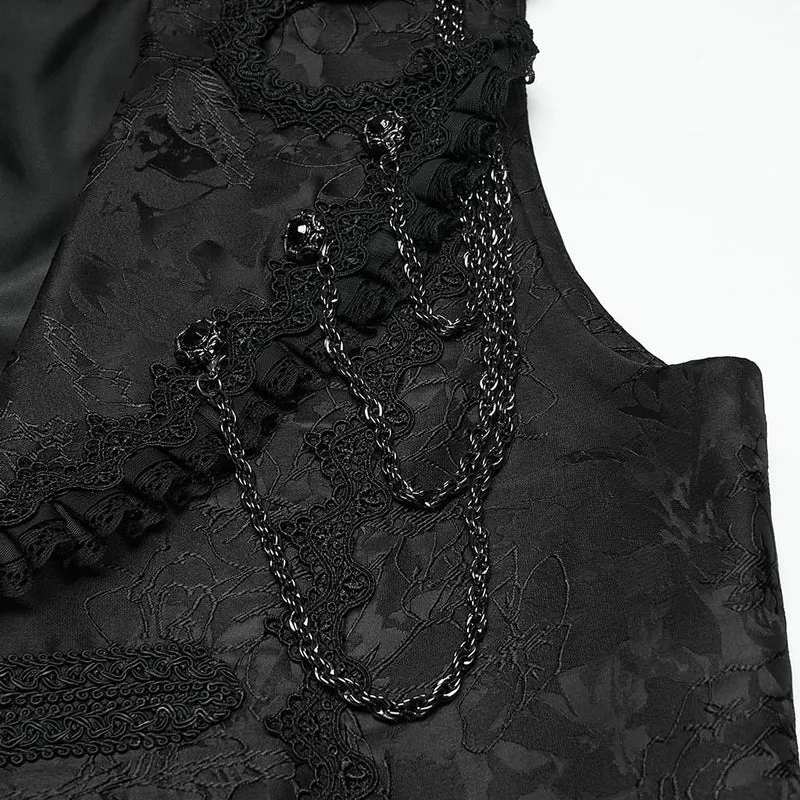 Schwarze lange Herrenweste aus Gothic-Jacquard mit Kettenrevers
